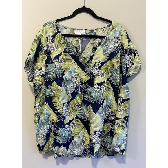 Panama Jack Top Women's Size 1X Green Blue Short Sleeve Floral Linen Beachy NWT - Picture 1 of 5